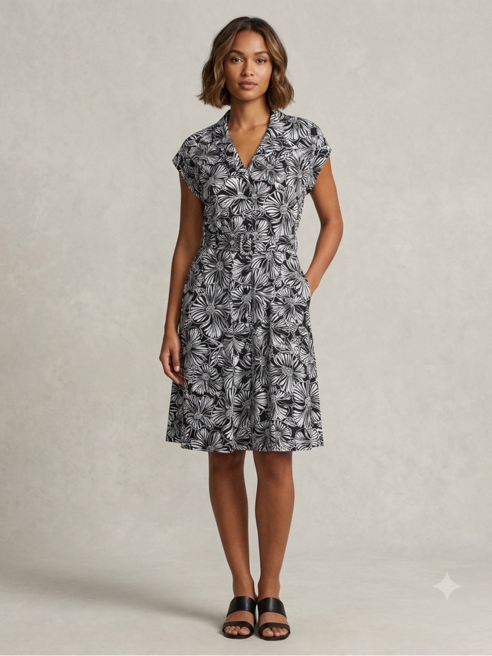 Cynthia Rowley Linen Blend Dress  Black White Floral Button Down Size L Belted